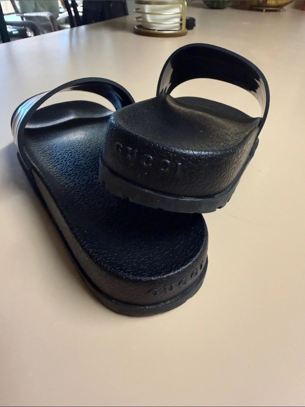 Gucci Black Slide Sandals with Red and Green Stripes